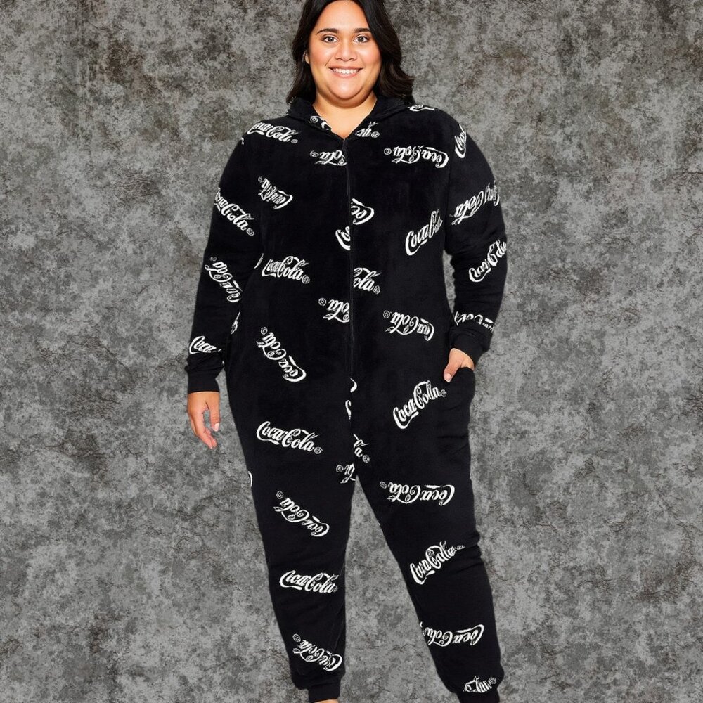 NWT Sip in Style: Iconic Coca-Cola One-Piece Plush Jumpsuit Hoodie Adults size M